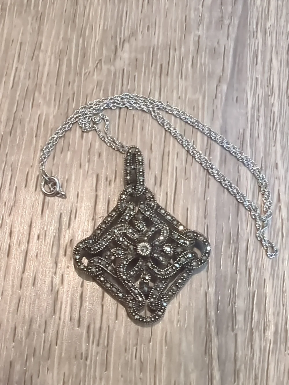 Vintage Marcasite Sterling Silver Filigree Pendant Necklace